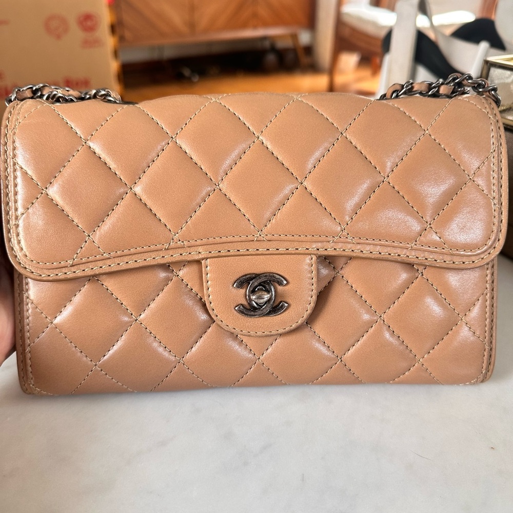 Chanel Tan Quilted Crossbody Bag with Chain Strap  single flap